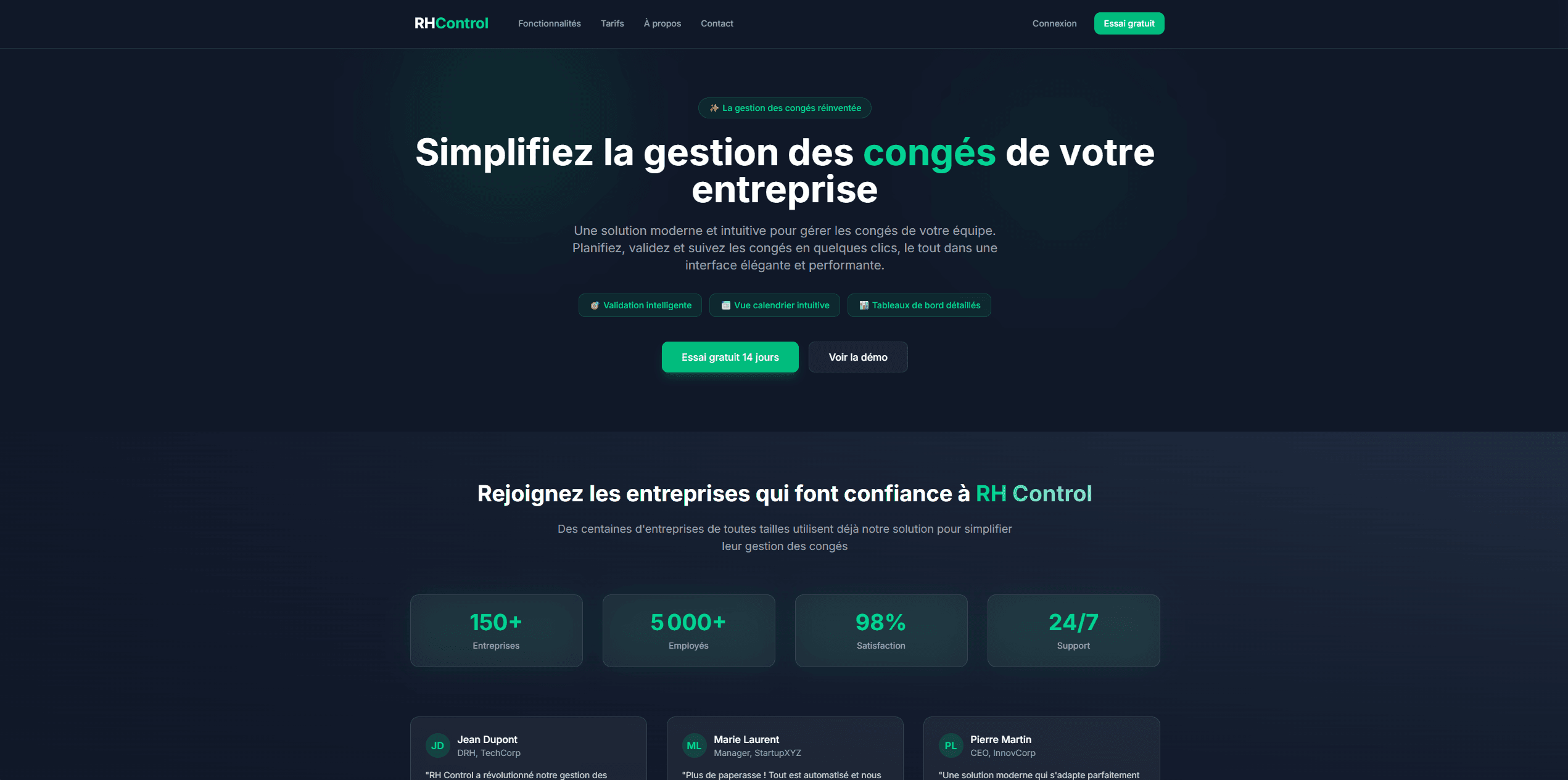 Interface de RHControl - Solution d'automatisation des congés salariés avec validations hiérarchiques....